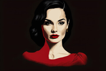Minimalistic portrait of a woman sleek black hair and red lips wearing a red dress, generative ai