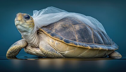  a turtle with a plastic bag on its back sitting on the water with its head in the water and it's head in the water.  generative ai