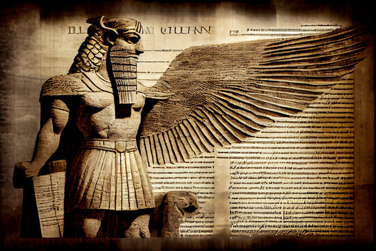 Ancient Sumerian text superimposed on papyrus texture and a winged statue of Lamassu, mythical Assyrian deity. Historical background on theme of Assyria, Mesopotamia, Babylon. Foreground sharpness.