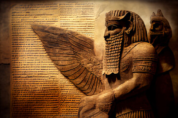Ancient Sumerian text superimposed on papyrus texture and a winged statue of Lamassu, mythical Assyrian deity. Historical background on theme of Assyria, Mesopotamia, Babylon. Foreground sharpness. - obrazy, fototapety, plakaty