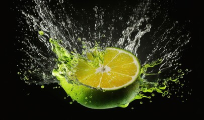  a lime is splashing into a glass of water on a black background with a splash of water on the top of the glass and the top of the glass.  generative ai