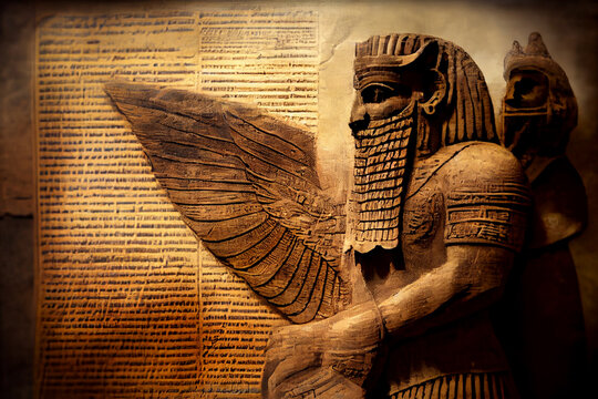 Ancient Sumerian text superimposed on papyrus texture and a winged statue of Lamassu, mythical Assyrian deity. Historical background on theme of Assyria, Mesopotamia, Babylon. Foreground sharpness.