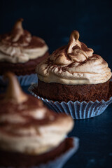 Chocolate cupcake  with cream on dark  background.