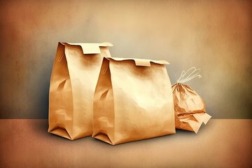  two brown bags sitting next to each other on a brown tablecloth covered floor with a brown wall behind them and a brown bag with a white string on it.  generative ai