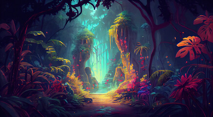 Virtual vibrant jungle forest. Neon-colored fairy river. Generative AI