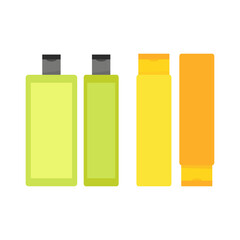 Set of green and yellow dog shampoo bottles