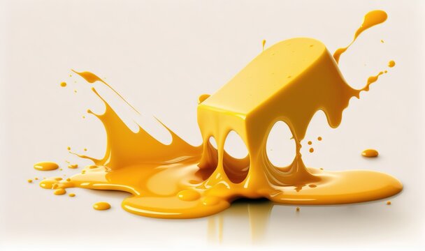  a yellow liquid splashing on top of a white surface with a block of block of cheese in the middle of the image and a block of block of cheese in the middle.  generative ai
