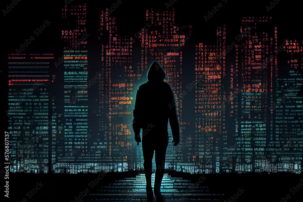 Aufkleber silhouette person   Digital binary data on computer screen