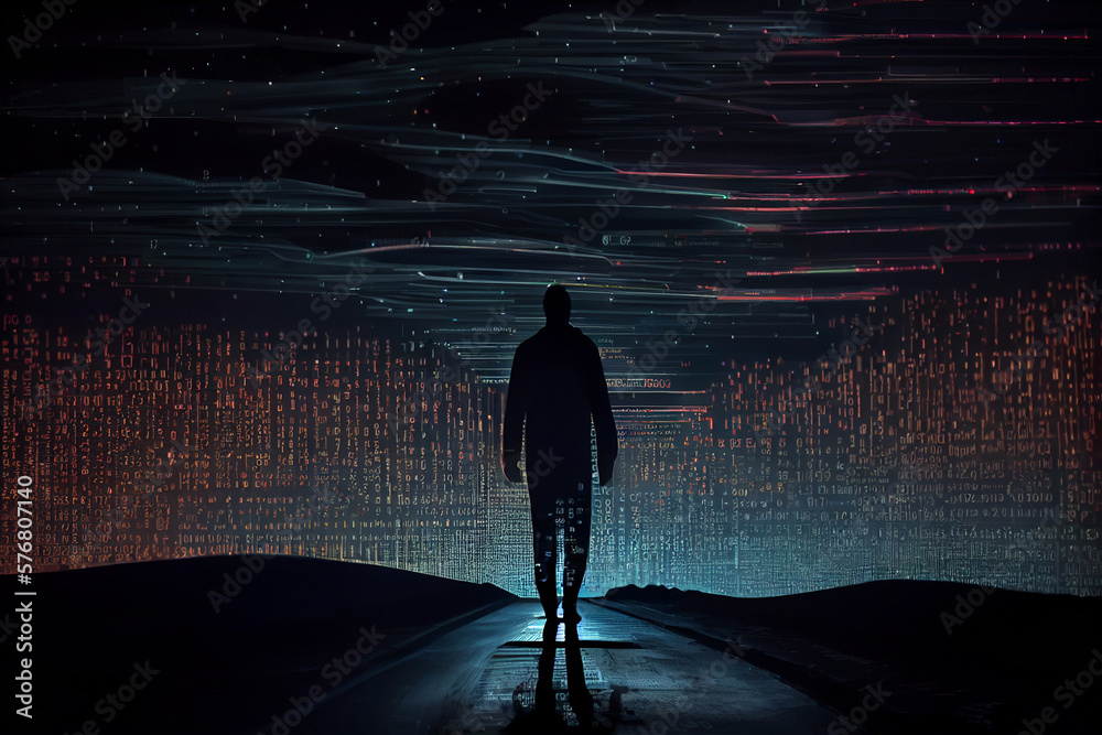 Aufkleber silhouette person   Digital binary data on computer screen