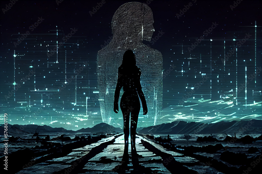 Aufkleber silhouette person   Digital binary data on computer screen
