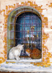 Monastery cats sitting by a snow-covered window. Winter study. Watercolor, markers, handmade.