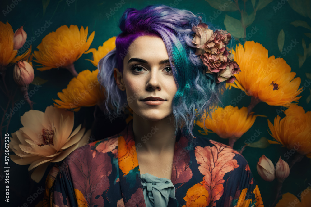 Wall mural portrait of a young woman with purple hair, wearing a colorful printed kimono and holding a bouquet 