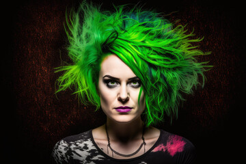 Portrait of a young woman with bright green hair, wearing a black top and a colorful feathered skirt, generative ai