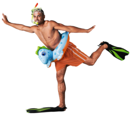 Happy smile man swimmer wearing mask, snorkel and flippers walking