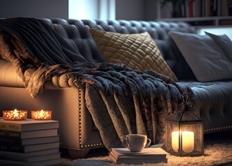 Fototapeta Romantische Leseecke mit kuscheligen Decken, Kissen, Fell und angenehmem Licht zum Lesen. Gemütliche Szene einer Inneneinrichtung - KI erzeugt obraz