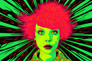 Psychedelic portrait of a woman with neon pink hair and vibrant green eyes, wearing a bold patterned outfit, generative ai