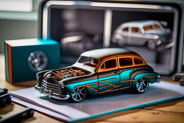 Obraz na płótnie Canvas hobbyist model maker workshop, fan of American classic cars, car model, assembly, ai generative
