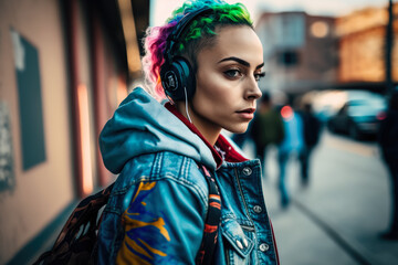 Fototapeta premium Street-style girl wearing colorful headphones and a denim jacket, generative ai
