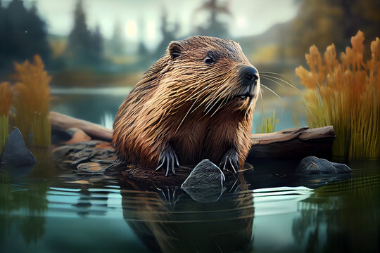 Beautiful photo beaver, natural background. Generative AI technology.
