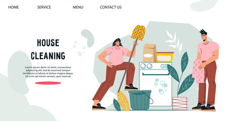 Website banner interface with people doing household chores, flat cartoon vector illustration. Household detergents and consumables sales. Concept of house cleaning up for webpage.