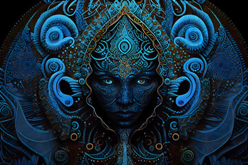 Psychedelic illustration of a blue navi face intertwined with mandala shamanic art generative ai