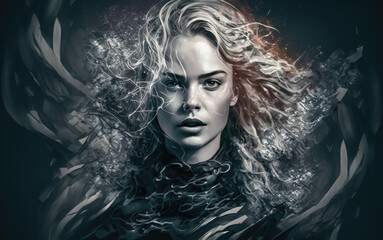 Surreal and Moody Abstract portrait of a Mysterious Woman with Wavy Blonde Hair and a Black Leather Jacket, generative ai