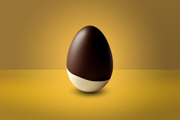 black and white chocolate Easter Egg in front of a yellow wall and on a yellow floor