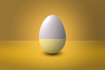 bicolor yellow and gray Easter egg in front of a yellow wall and on a yellow floor