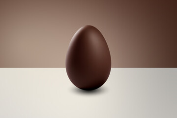 milk chocolate Easter egg in front of a brown wall and on a white floor