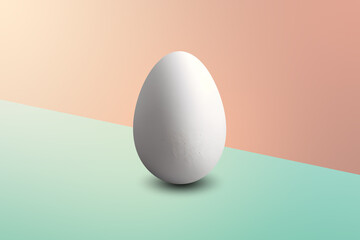 white egg in front of a green pastel wall and on a pink pastel floor