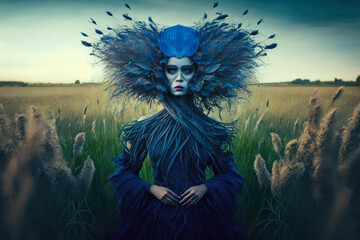 Fototapeta na wymiar surreal portrait of a woman with striking blue hair, wearing a flowing dress made of feathers and standing amidst a field of tall grass, generative ai