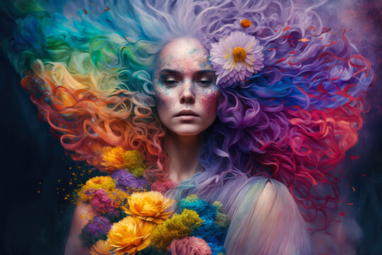 Surreal portrait of a woman with rainbow-colored hair wearing a flowing dress made of flowers, generative ai