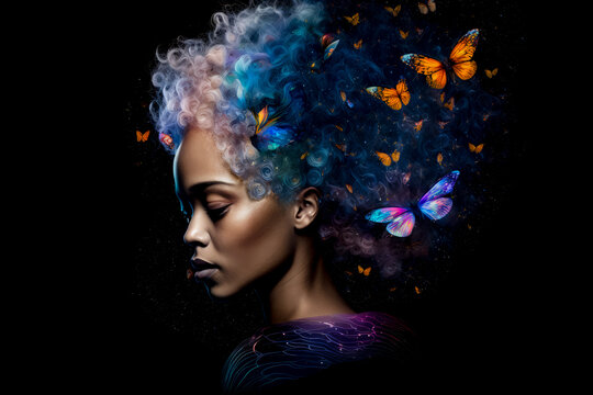 Surreal portrait of a young woman with galaxy hair and butterfly wings, set against a black background, generative ai