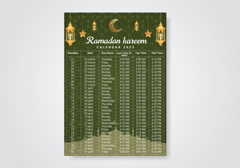 Ramadan Kareem 2023 Calendar Design Vector illustration with Sheri Iftar time table schedule.