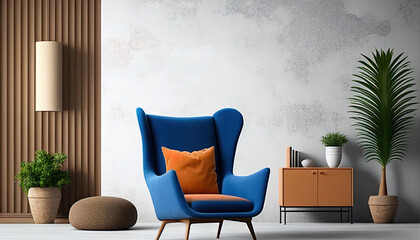 Wall mock up in warm tones with blue armchair made with Generative AI