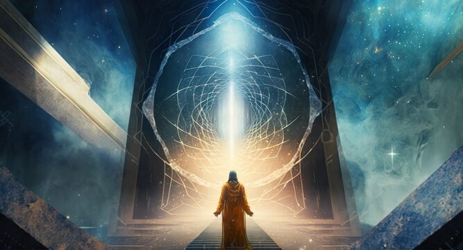 Illustration zum Portal der Esoterik. Das Bewusstsein erweitern mit Meditation. Erfahrungen sammeln und Kraft und Energie aufnehmen. Begegnung in einer Parallelwelt. Generativ KI 