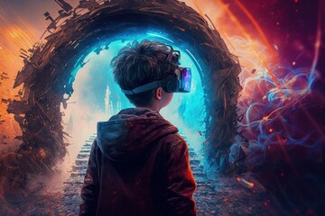 Fototapeta na wymiar Kid boy with VR glasses entering through metaverse door Generative AI