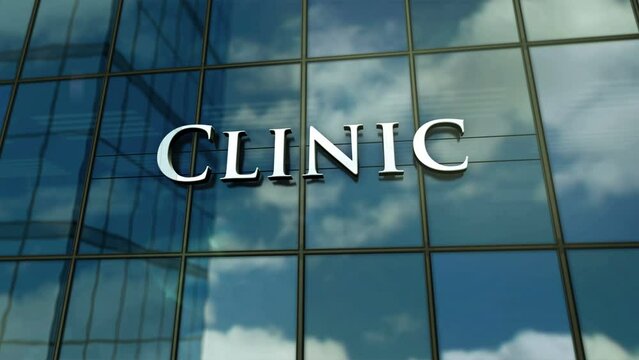 Clinic glass building concept. Medicine care and medical health center symbol on front facade 3d.