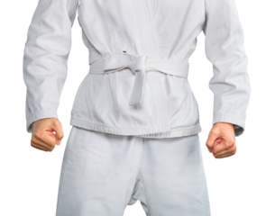 Asian Karate fighter in White Kimono on white background