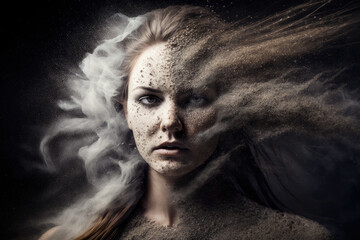 Transcendence Portrait of a Woman Transforming into Dust, generative ai