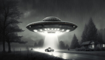 Highly Detailed UFO Abduction with Mysterious Road and Forest Backdrop, generated by IA