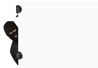 Thief hiding behind an empty white sign with space for text isolated on white background