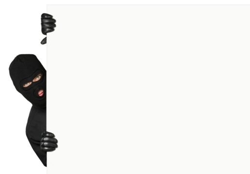 Thief hiding behind an empty white sign with space for text isolated on white background