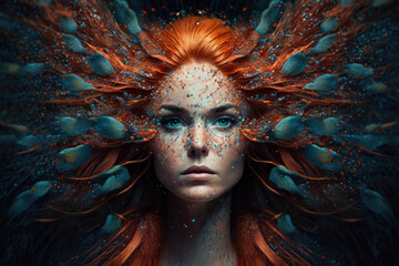 Obraz premium Transformation Red-Haired Woman Becoming a Peacock, generative ai