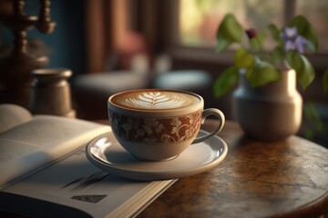 Obraz na płótnie Canvas Cup of cappuccino on a wooden table, Generative AI