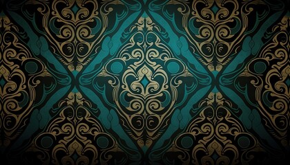  a blue and gold wallpaper with a design on it's side and a pattern on the back of it's side that has a design in the middle.  generative ai