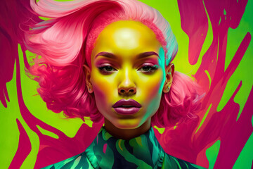Obraz na płótnie Canvas Vibrant portrait of a beautiful woman with pink hair and a neon green dress, surrounded by abstract shapes, generative ai