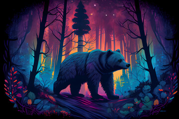Illustration of psychadelic bear in a glowing enchanted forrest generative ai