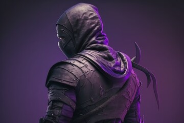 Ninja from the back on purple background, Generative AI