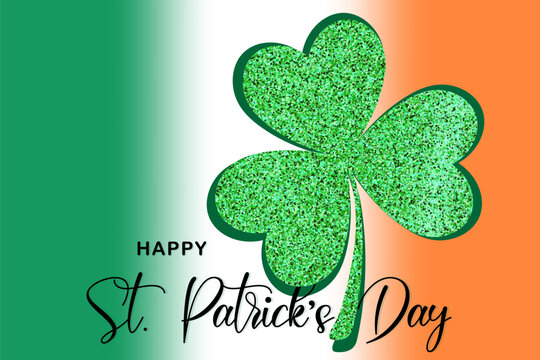 Green shining glitter clover leaf on abstract gradient background. Symbol of luck, success and wealth. Saint Patrick's Day. Vector illustration for web banner, social media post, greeting card